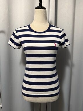 Ralph Lauren Navy and White Striped Short-Sleeve Tee with Pink Pony Medium